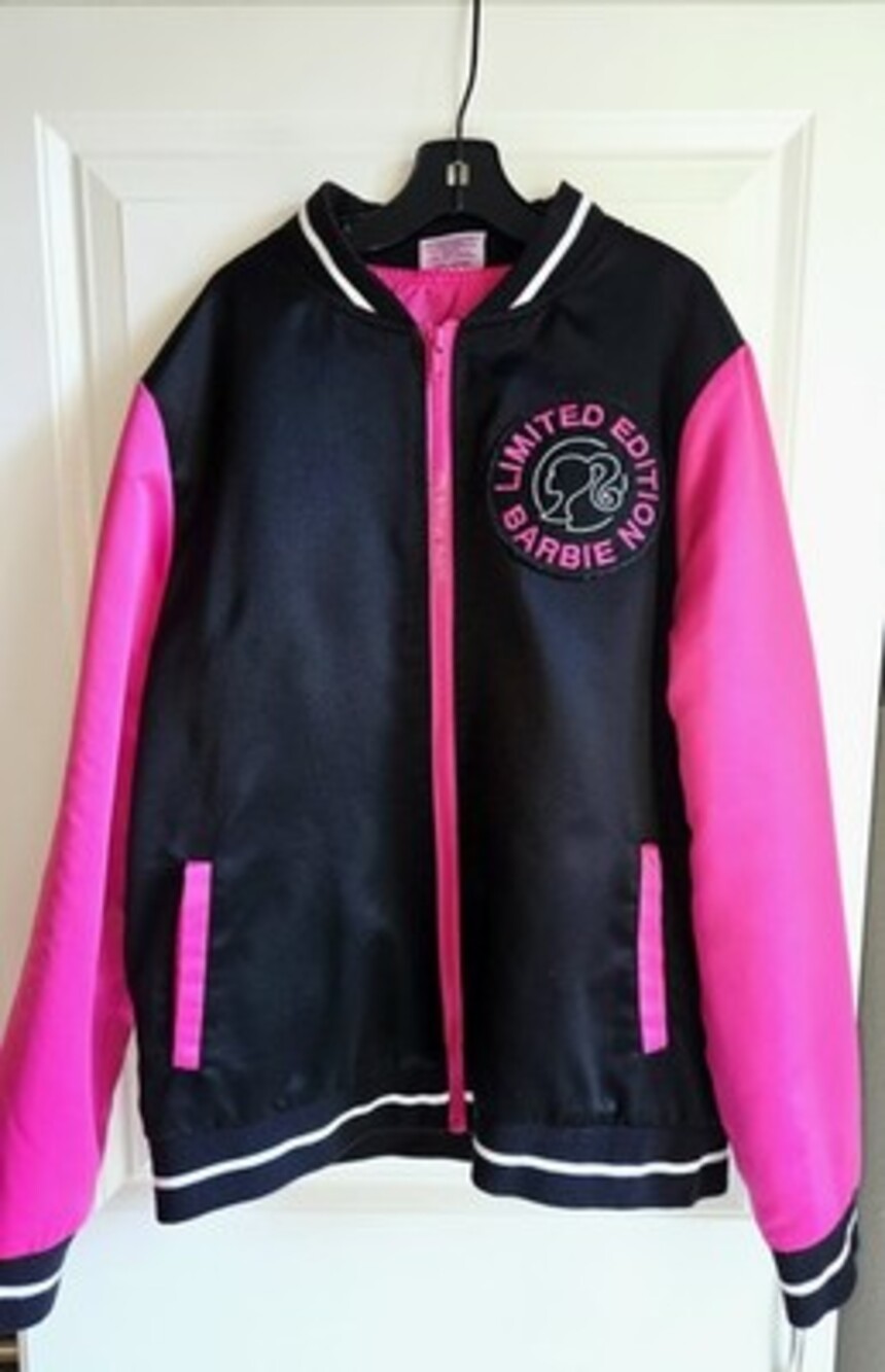 Barbie Varsity Bomber Jacket Girls XL 14 16 Pink Black Lined Insulated Full Zip